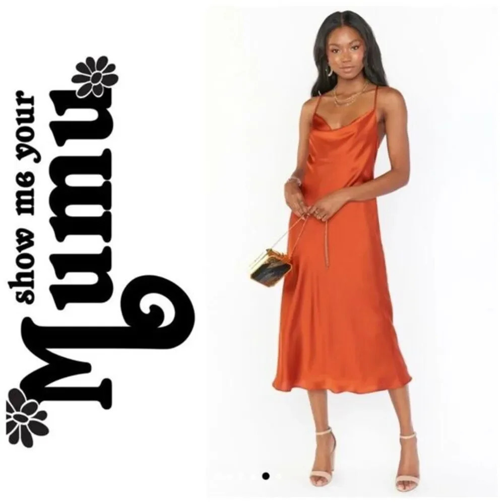 Show Me Your MuMu Verona Cowl Dress in Burnt Orange Luxe Satin